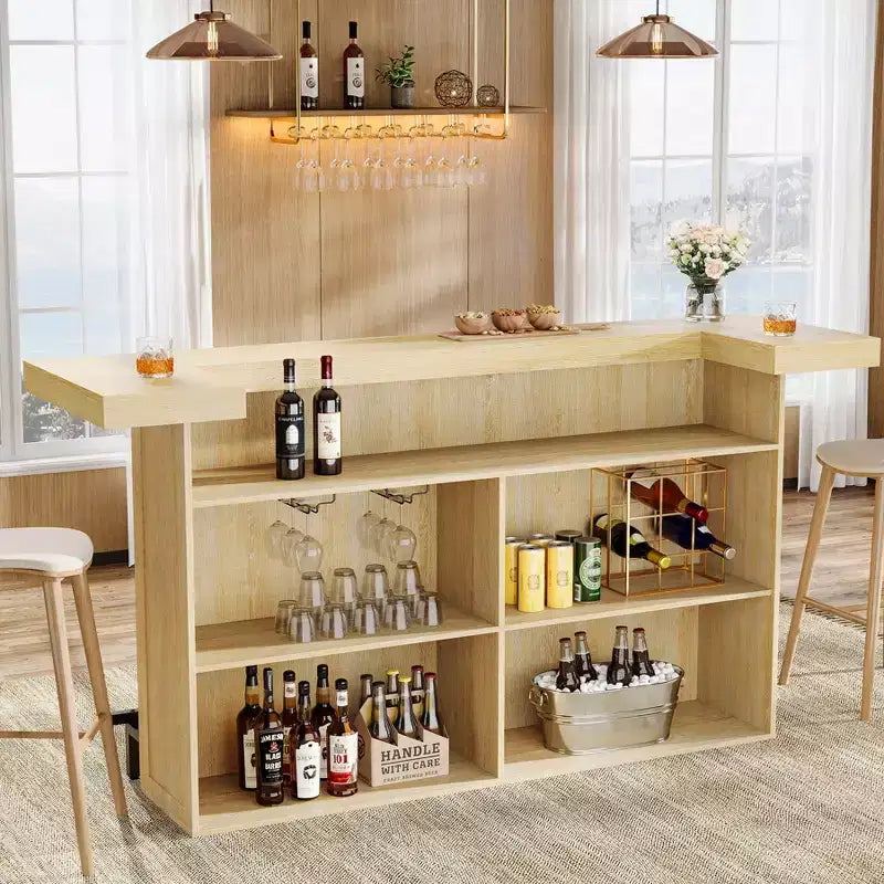 70.9-Inch Modern 4-Tier Bar Table Home Bar Cabinet with Glass Holder and Black Footrest