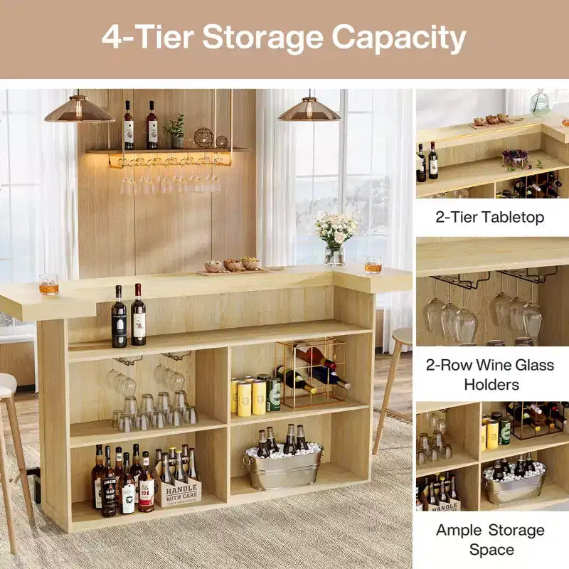 70.9-Inch Modern 4-Tier Bar Table Home Bar Cabinet with Glass Holder and Black Footrest
