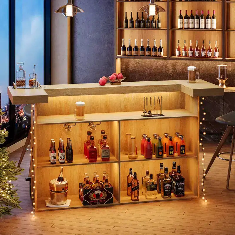 70.9-Inch Modern 4-Tier Bar Table Home Bar Cabinet with Glass Holder and Black Footrest