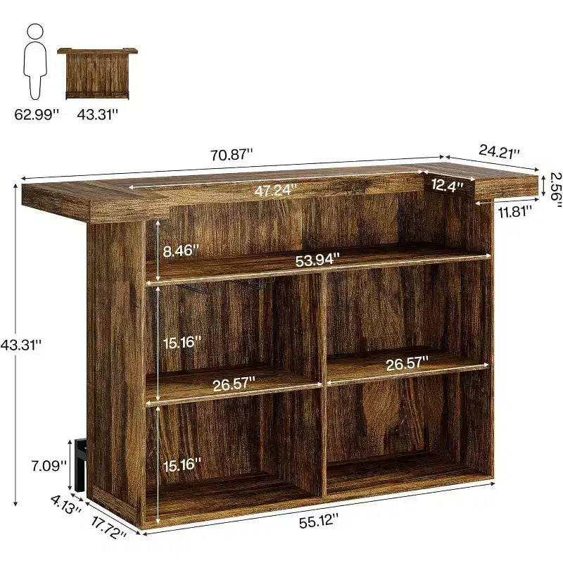 70.9-Inch Modern 4-Tier Bar Table Home Bar Cabinet with Glass Holder and Black Footrest