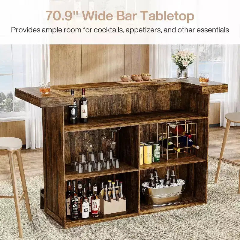 70.9-Inch Modern 4-Tier Bar Table Home Bar Cabinet with Glass Holder and Black Footrest