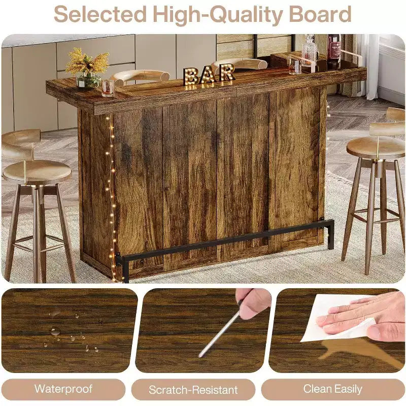 70.9-Inch Modern 4-Tier Bar Table Home Bar Cabinet with Glass Holder and Black Footrest