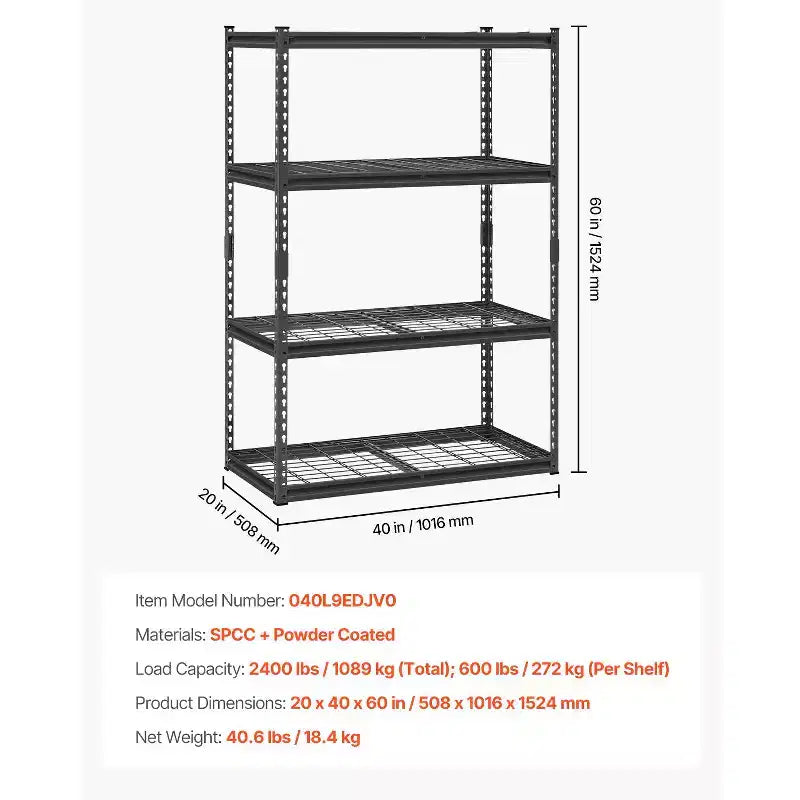 Storage Shelves, 2400 lbs, 4 Tier Heavy Duty Garage Shelving, 20 D x 40 W x 60 H Adjustable Metal Shelves for Industrial Shelving Unit