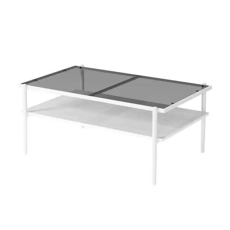 Rectangle Coffee Table with Gray Tempered Glass top and White Legs, Modern Table for Living Room