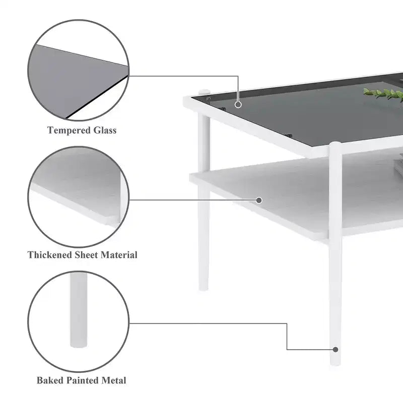 Rectangle Coffee Table with Gray Tempered Glass top and White Legs, Modern Table for Living Room