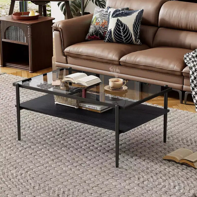 Rectangle Coffee Table with Gray Tempered Glass top and White Legs, Modern Table for Living Room