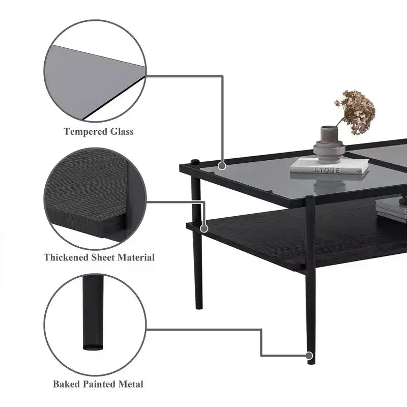 Rectangle Coffee Table with Gray Tempered Glass top and White Legs, Modern Table for Living Room