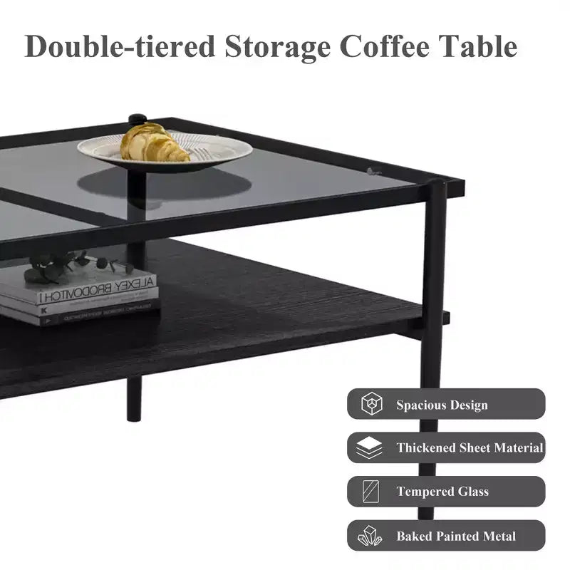 Rectangle Coffee Table with Gray Tempered Glass top and White Legs, Modern Table for Living Room