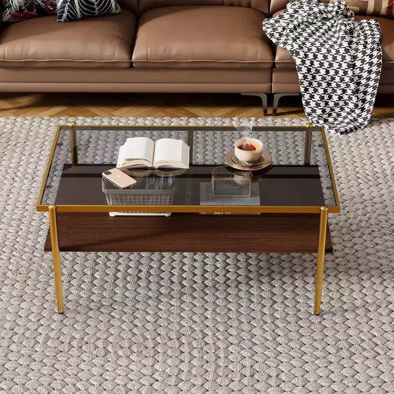 Rectangle Coffee Table with Gray Tempered Glass top and White Legs, Modern Table for Living Room