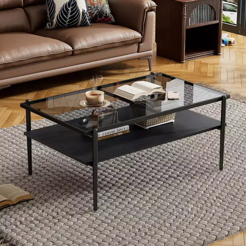 Rectangle Coffee Table with Gray Tempered Glass top and White Legs, Modern Table for Living Room