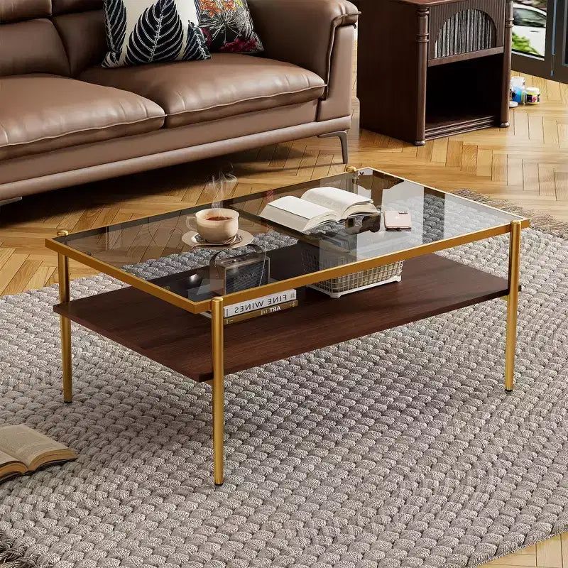 Rectangle Coffee Table with Gray Tempered Glass top and White Legs, Modern Table for Living Room