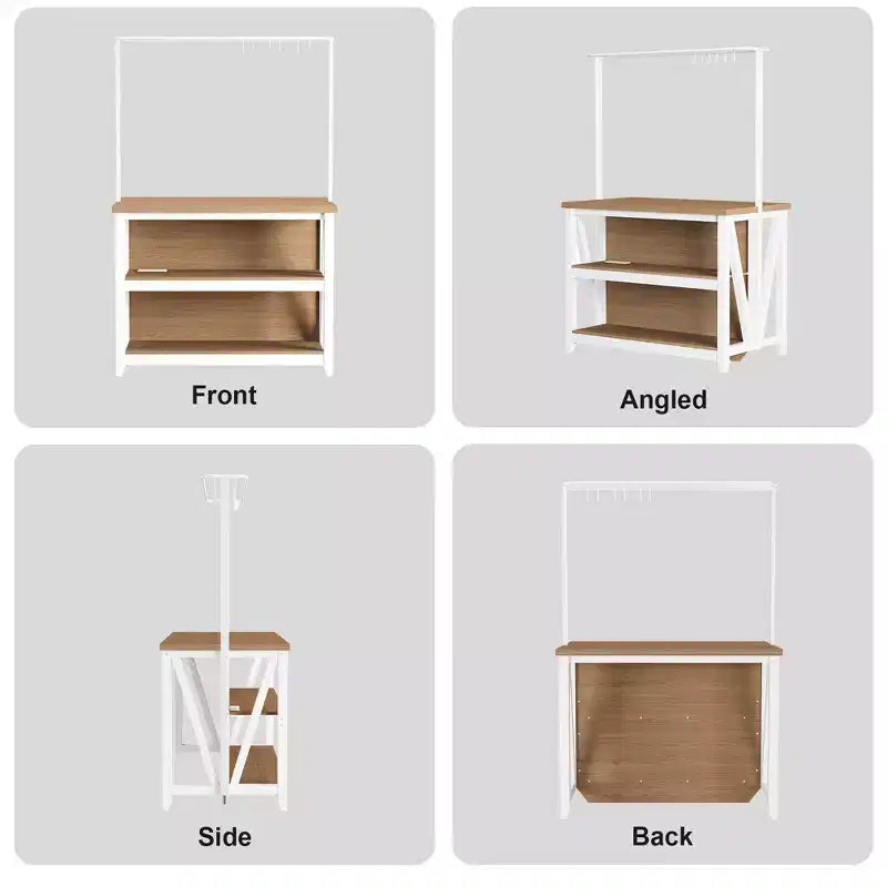Wooden Kitchen Island, Bakers Rack with Storage, Large Kitchen Island Table with 3 Tier Microwave Stand Oven Shelf, 6 Hooks