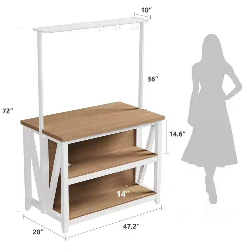 Wooden Kitchen Island, Bakers Rack with Storage, Large Kitchen Island Table with 3 Tier Microwave Stand Oven Shelf, 6 Hooks