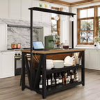 Wooden Kitchen Island, Bakers Rack with Storage, Large Kitchen Island Table with 3 Tier Microwave Stand Oven Shelf, 6 Hooks