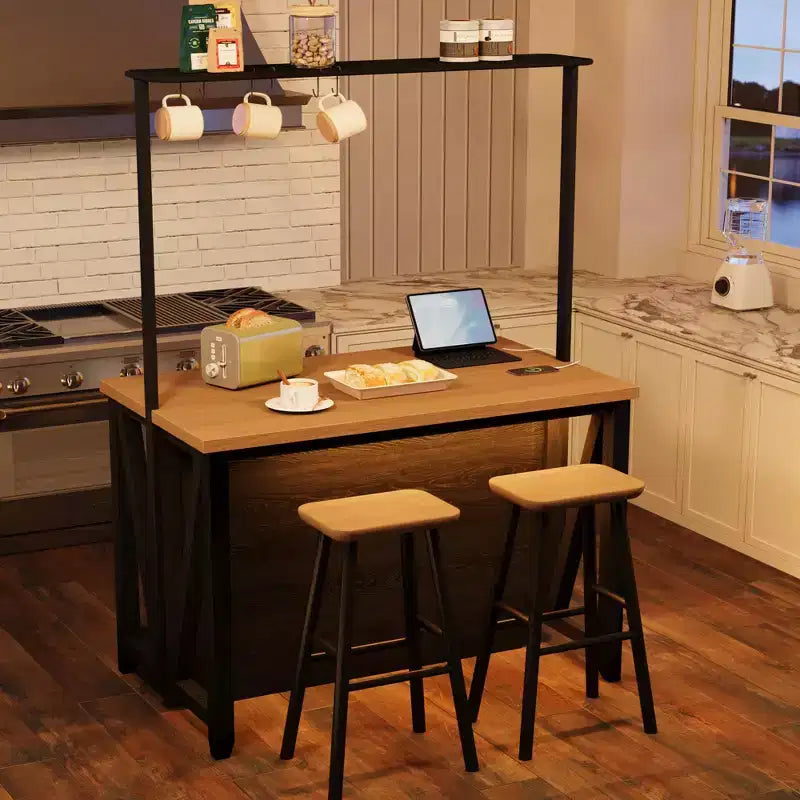 Wooden Kitchen Island, Bakers Rack with Storage, Large Kitchen Island Table with 3 Tier Microwave Stand Oven Shelf, 6 Hooks
