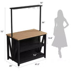 Wooden Kitchen Island, Bakers Rack with Storage, Large Kitchen Island Table with 3 Tier Microwave Stand Oven Shelf, 6 Hooks