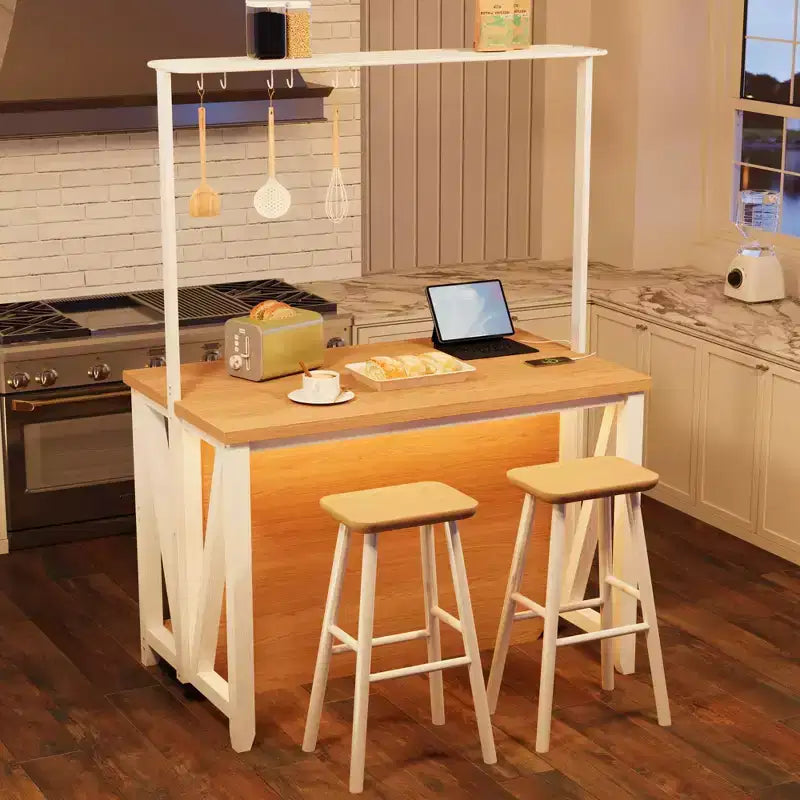 Wooden Kitchen Island, Bakers Rack with Storage, Large Kitchen Island Table with 3 Tier Microwave Stand Oven Shelf, 6 Hooks