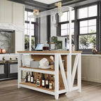 Wooden Kitchen Island, Bakers Rack with Storage, Large Kitchen Island Table with 3 Tier Microwave Stand Oven Shelf, 6 Hooks