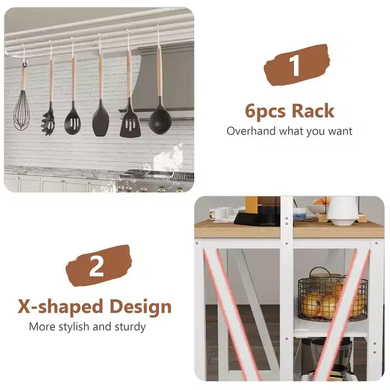 Wooden Kitchen Island, Bakers Rack with Storage, Large Kitchen Island Table with 3 Tier Microwave Stand Oven Shelf, 6 Hooks