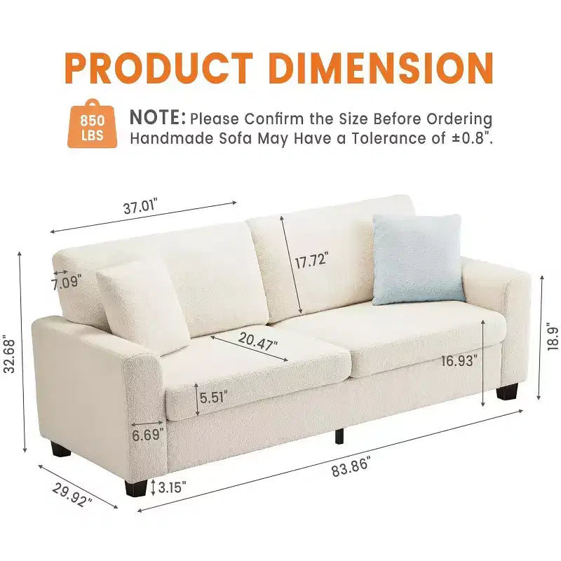 83 Inch Modern 3 Seater Sofa - Deep Seats Couch, Comfortable Cloud Couch, Perfect for Living Room, Bedroom, Office