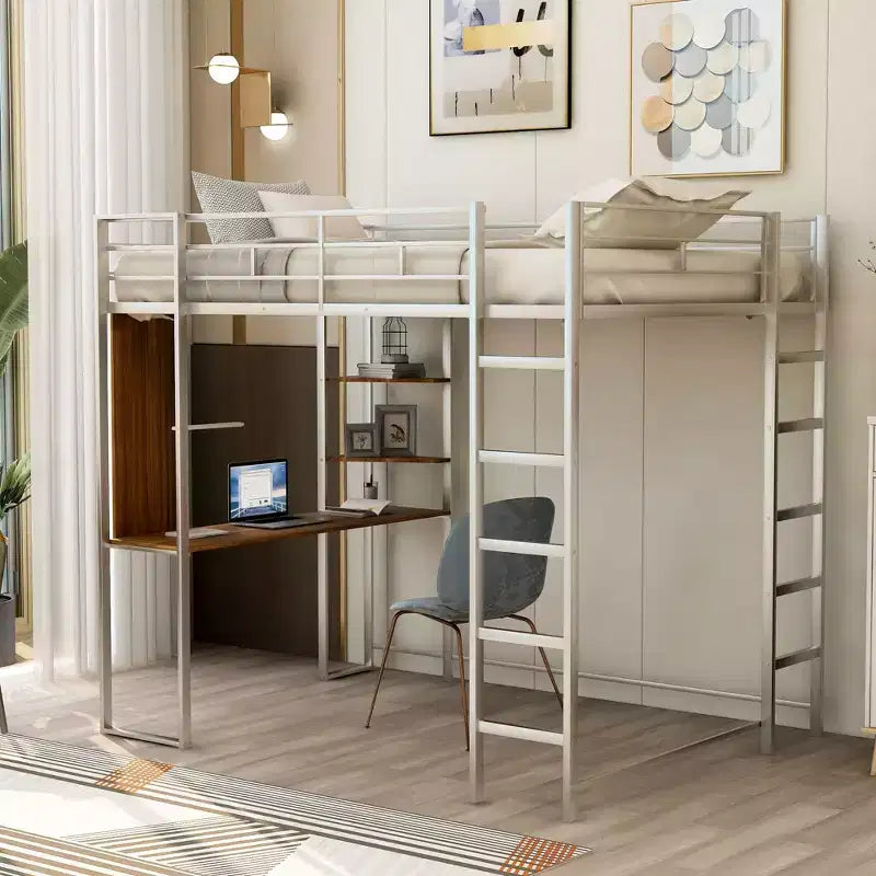 Full Size Loft Bed with Desk and Storage Shelves Metal Loft Bed for Kids Teens, Silver