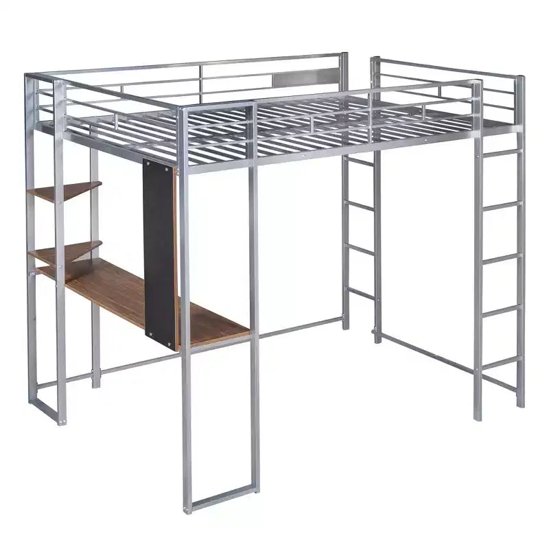 Full Size Loft Bed with Desk and Storage Shelves Metal Loft Bed for Kids Teens, Silver