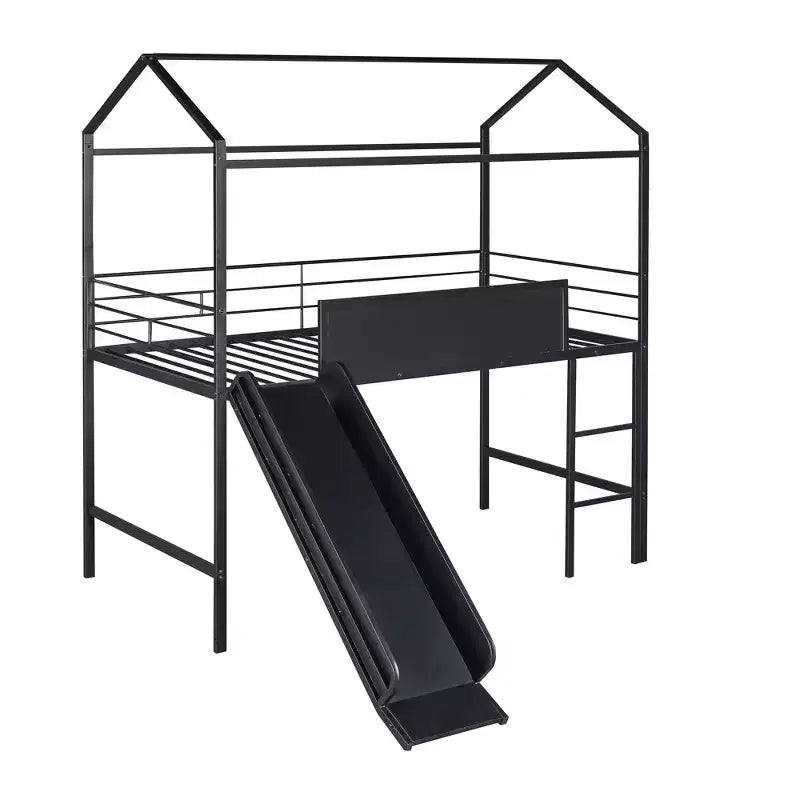 Twin Loft Bed with Slide Metal House Bed with Roof, Low Loft Bed with Writable Wooden Board for Kids Teens