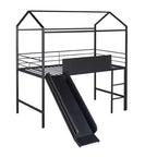 Twin Loft Bed with Slide Metal House Bed with Roof, Low Loft Bed with Writable Wooden Board for Kids Teens