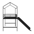 Twin Loft Bed with Slide Metal House Bed with Roof, Low Loft Bed with Writable Wooden Board for Kids Teens