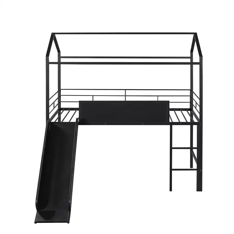 Twin Loft Bed with Slide Metal House Bed with Roof, Low Loft Bed with Writable Wooden Board for Kids Teens