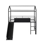 Twin Loft Bed with Slide Metal House Bed with Roof, Low Loft Bed with Writable Wooden Board for Kids Teens