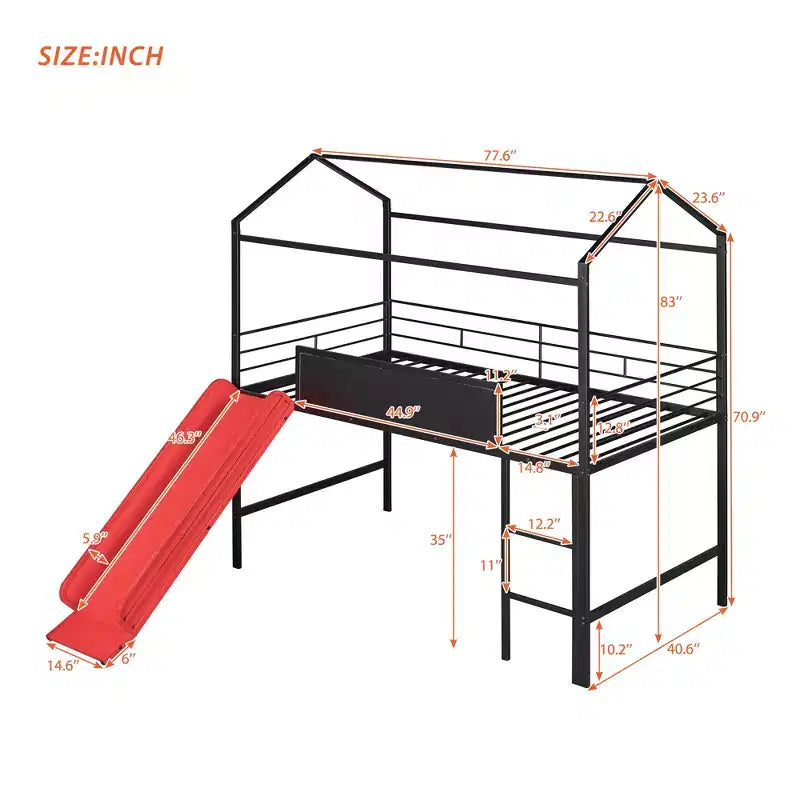 Twin Loft Bed with Slide Metal House Bed with Roof, Low Loft Bed with Writable Wooden Board for Kids Teens