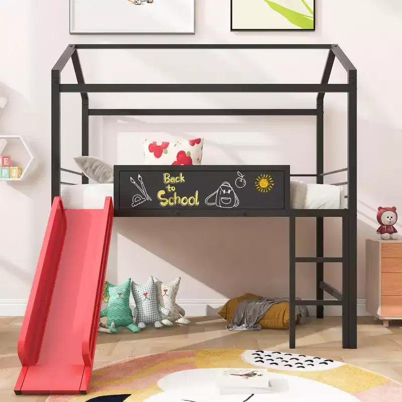 Twin Loft Bed with Slide Metal House Bed with Roof, Low Loft Bed with Writable Wooden Board for Kids Teens