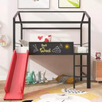 Twin Loft Bed with Slide Metal House Bed with Roof, Low Loft Bed with Writable Wooden Board for Kids Teens