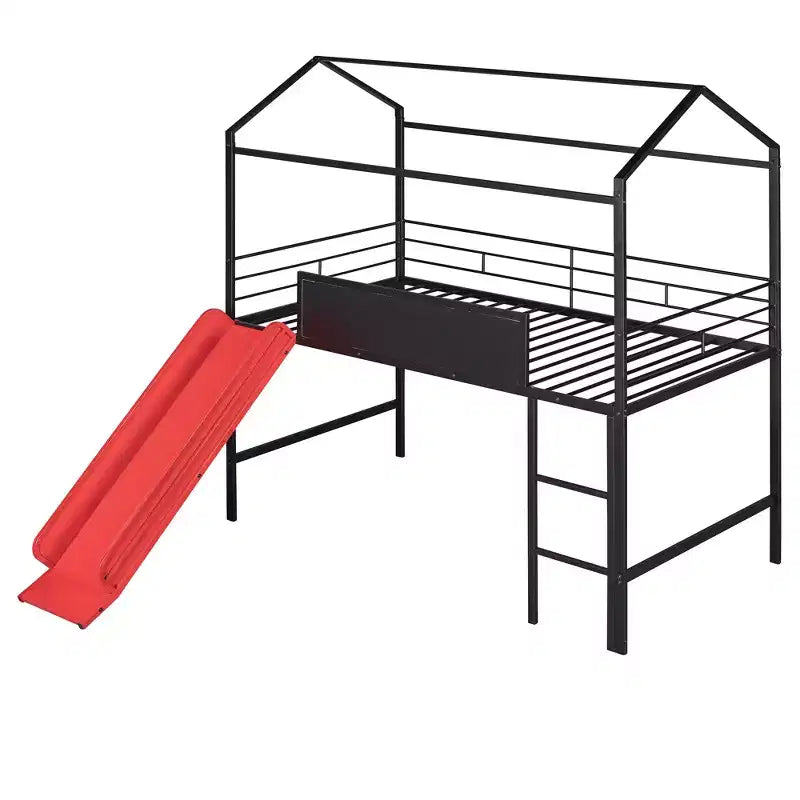 Twin Loft Bed with Slide Metal House Bed with Roof, Low Loft Bed with Writable Wooden Board for Kids Teens