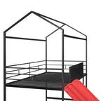Twin Loft Bed with Slide Metal House Bed with Roof, Low Loft Bed with Writable Wooden Board for Kids Teens