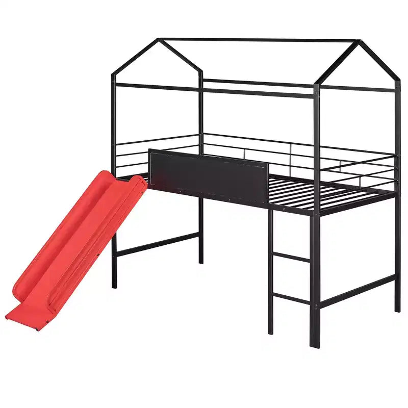 Twin Loft Bed with Slide Metal House Bed with Roof, Low Loft Bed with Writable Wooden Board for Kids Teens