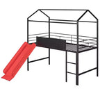 Twin Loft Bed with Slide Metal House Bed with Roof, Low Loft Bed with Writable Wooden Board for Kids Teens
