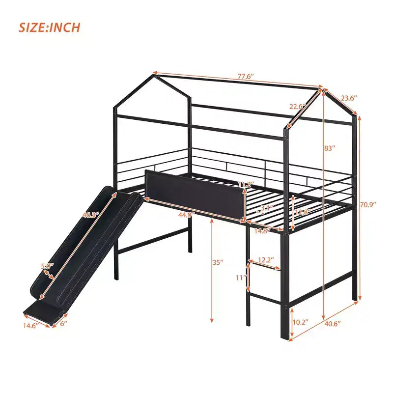 Twin Loft Bed with Slide Metal House Bed with Roof, Low Loft Bed with Writable Wooden Board for Kids Teens