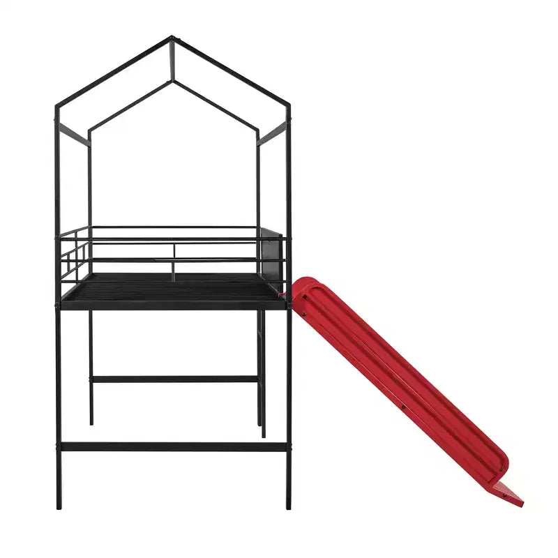 Twin Loft Bed with Slide Metal House Bed with Roof, Low Loft Bed with Writable Wooden Board for Kids Teens