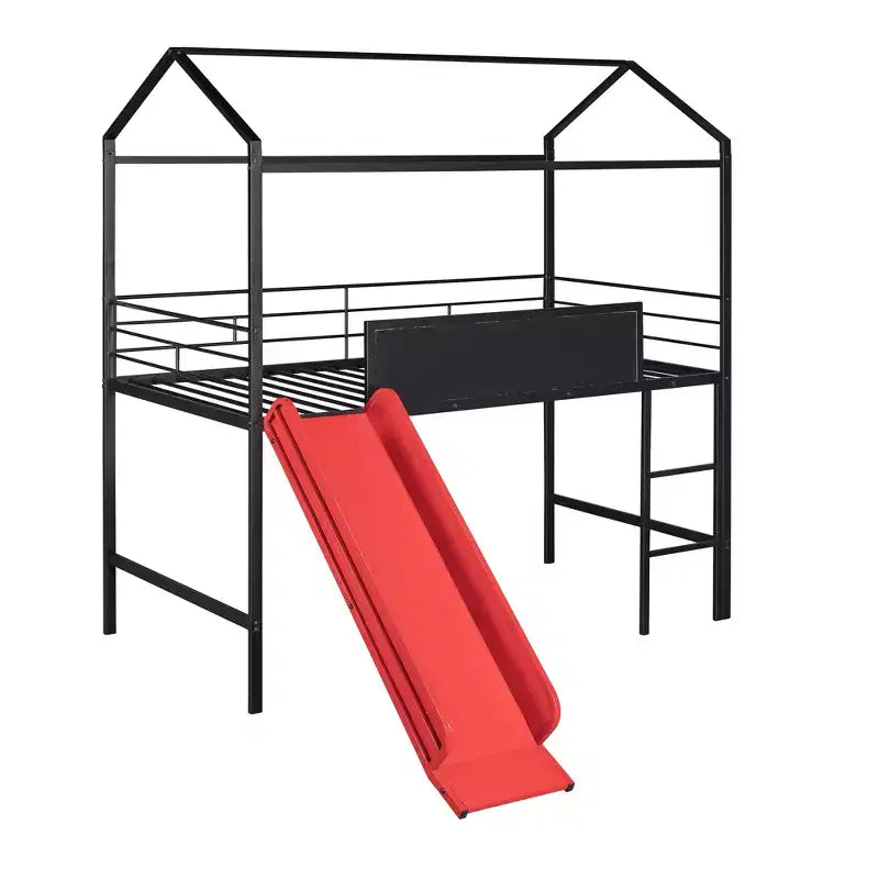 Twin Loft Bed with Slide Metal House Bed with Roof, Low Loft Bed with Writable Wooden Board for Kids Teens