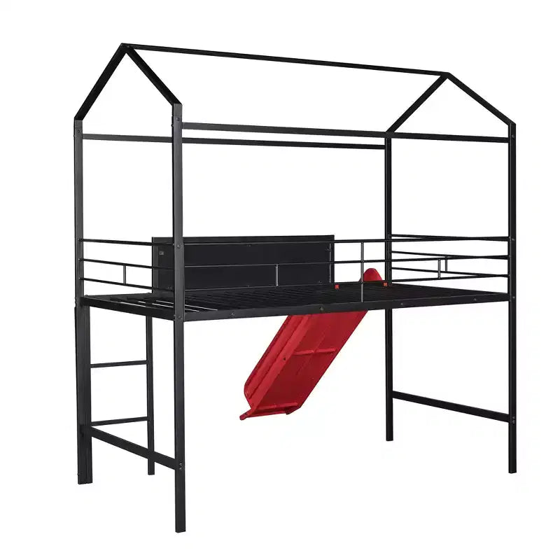 Twin Loft Bed with Slide Metal House Bed with Roof, Low Loft Bed with Writable Wooden Board for Kids Teens