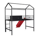Twin Loft Bed with Slide Metal House Bed with Roof, Low Loft Bed with Writable Wooden Board for Kids Teens