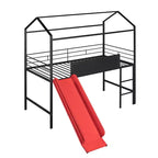 Twin Loft Bed with Slide Metal House Bed with Roof, Low Loft Bed with Writable Wooden Board for Kids Teens