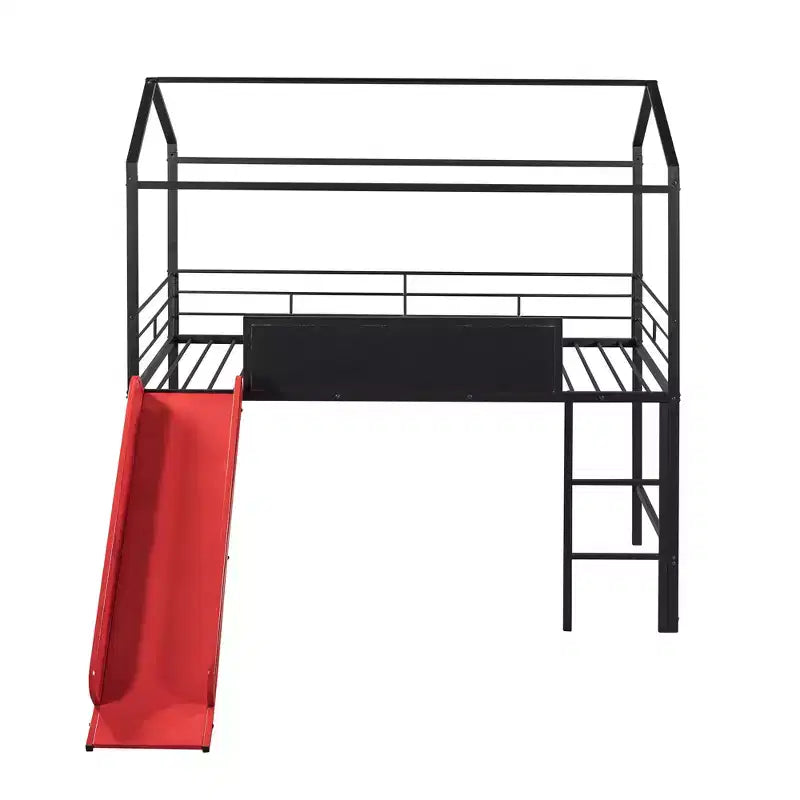 Twin Loft Bed with Slide Metal House Bed with Roof, Low Loft Bed with Writable Wooden Board for Kids Teens