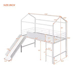 Twin Loft Bed with Slide Metal House Bed with Roof, Low Loft Bed with Writable Wooden Board for Kids Teens