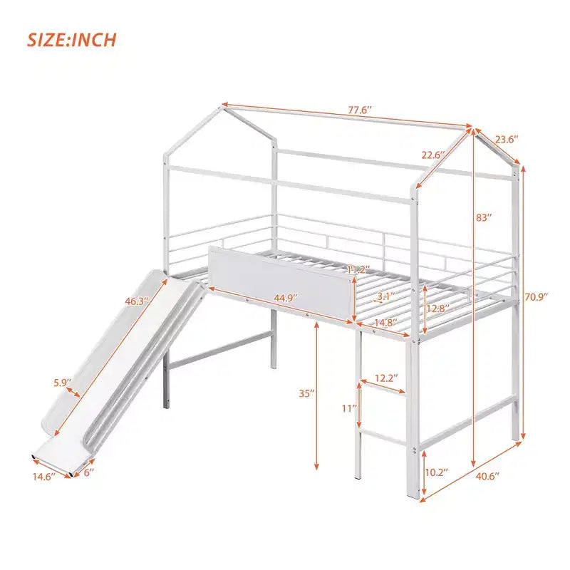 Twin Loft Bed with Slide Metal House Bed with Roof, Low Loft Bed with Writable Wooden Board for Kids Teens