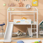Twin Loft Bed with Slide Metal House Bed with Roof, Low Loft Bed with Writable Wooden Board for Kids Teens