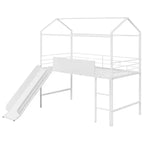 Twin Loft Bed with Slide Metal House Bed with Roof, Low Loft Bed with Writable Wooden Board for Kids Teens