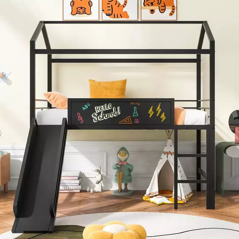 Twin Loft Bed with Slide Metal House Bed with Roof, Low Loft Bed with Writable Wooden Board for Kids Teens